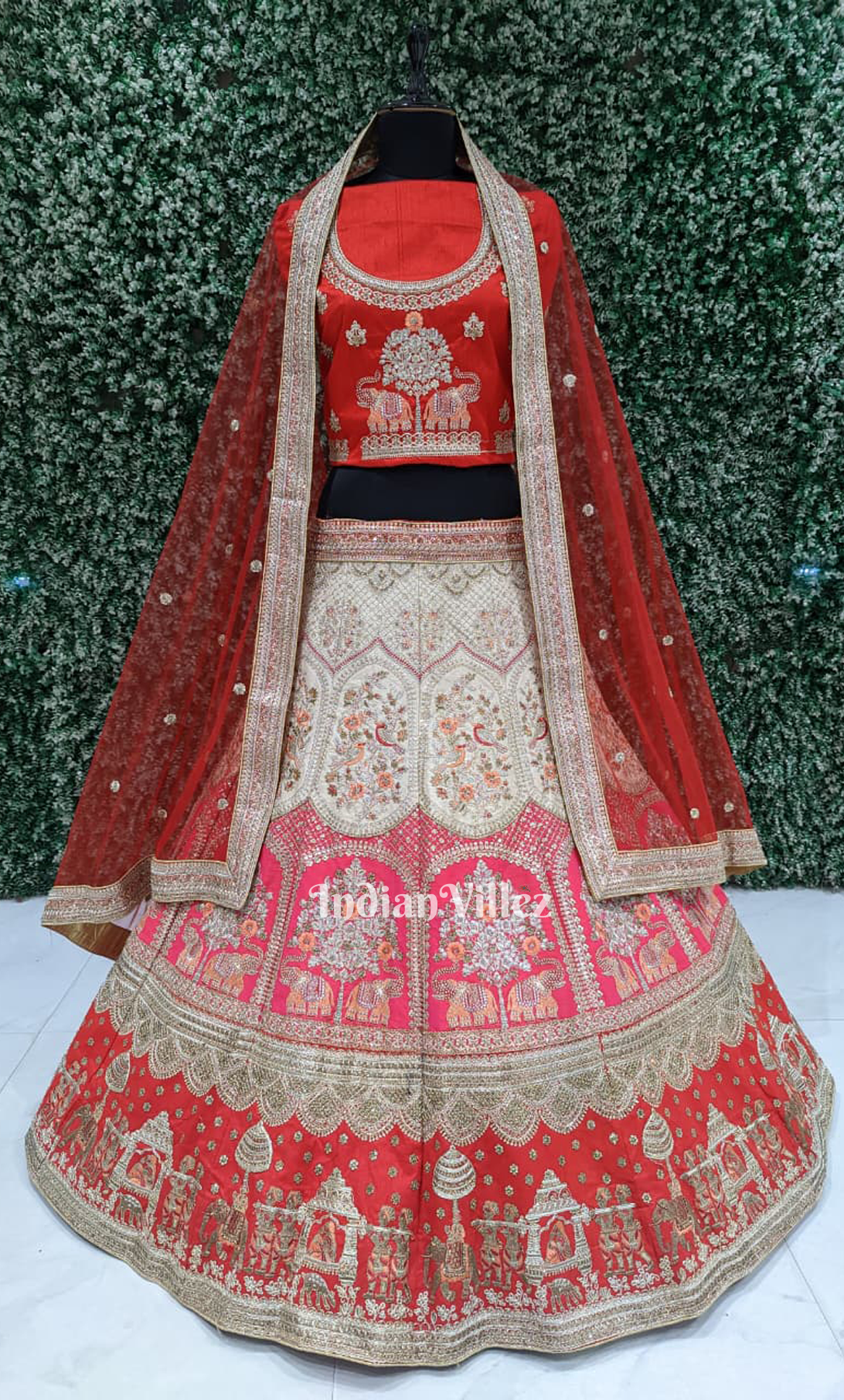 Designer Red Raw Silk Gajaraj Embroidered Lehenga Choli with Dupatta 