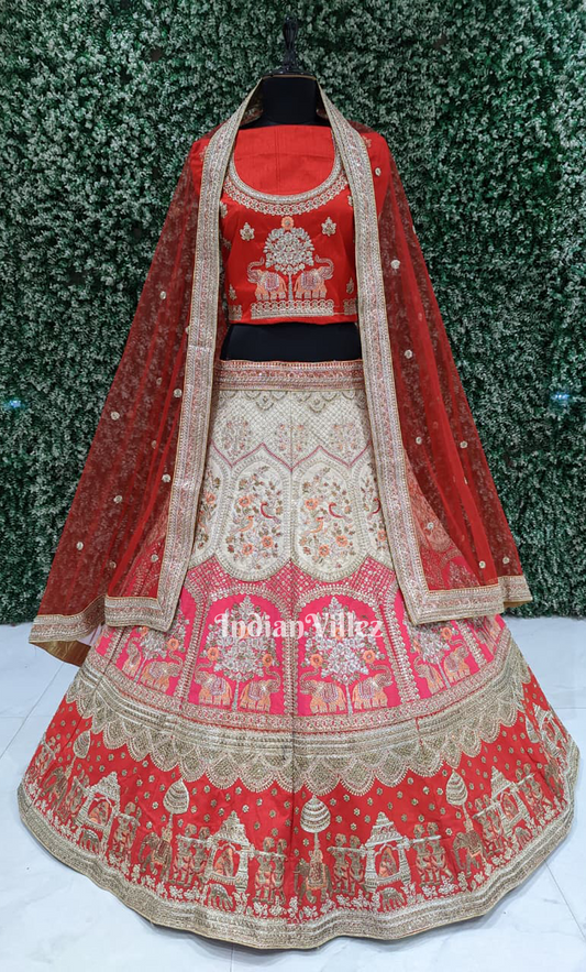 Designer Red Raw Silk Gajaraj Embroidered Lehenga Choli with Dupatta 