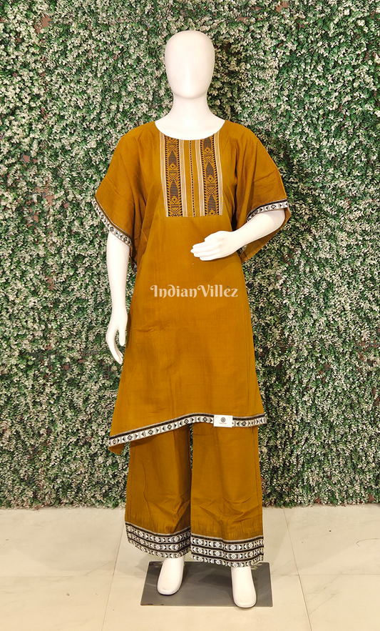 Mustard Yellow Black Odisha Ikat Designer Cotton Kurti Set with Pallazo