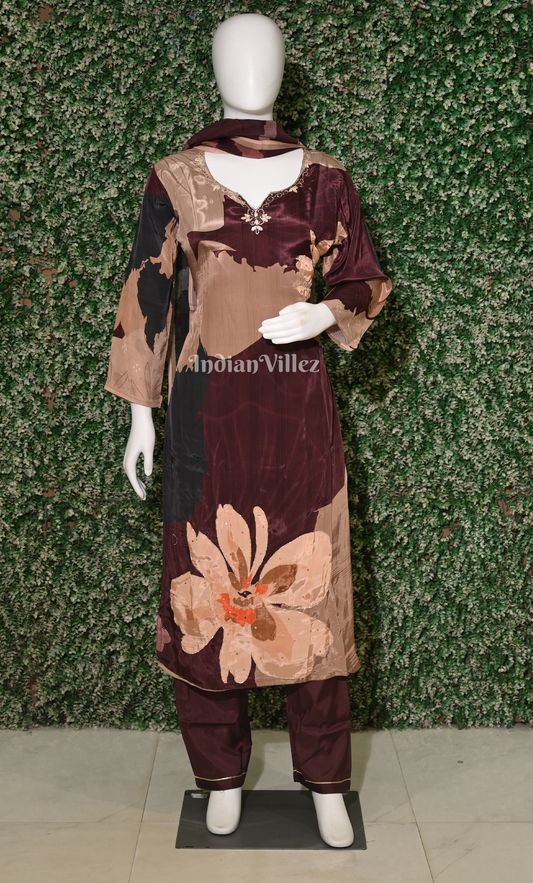 Maroon Abstract Floral Print Kurta Plazzoo with Dupatta set