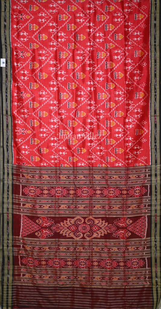 Red Coffee House Tribals Odisha Ikat Khandua Silk Saree 