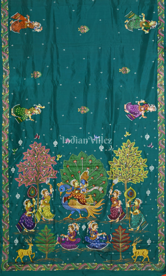 Orange Green peacock (Mayur) & Nartaki Theme Pattachitra Saree