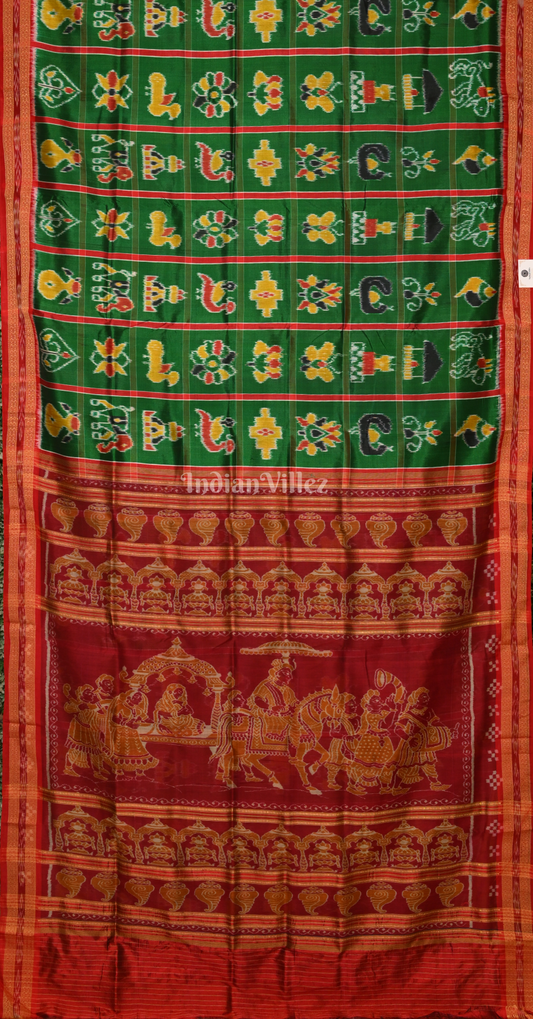 Green Red Nabakothi Odisha Ikat Khandua Silk Saree with Doli Barat Anchal