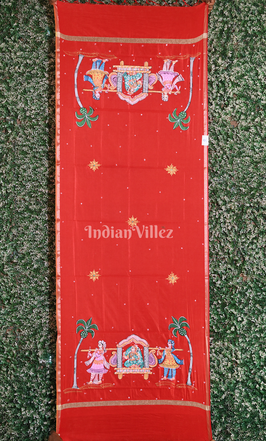 Red Doli Barat Theme Hand-Painted Patachitra Chanderi Dupatta