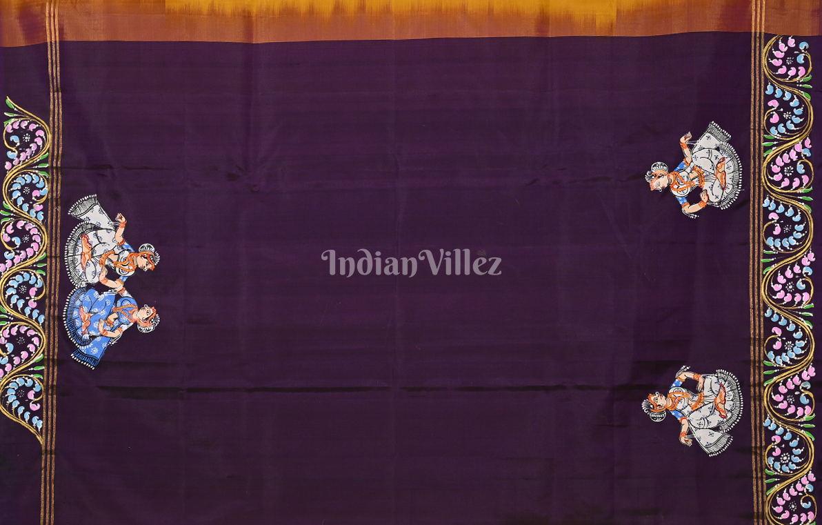 Mustard Yellow Purple Village Theme Hand- Painted Pattachitra Saree