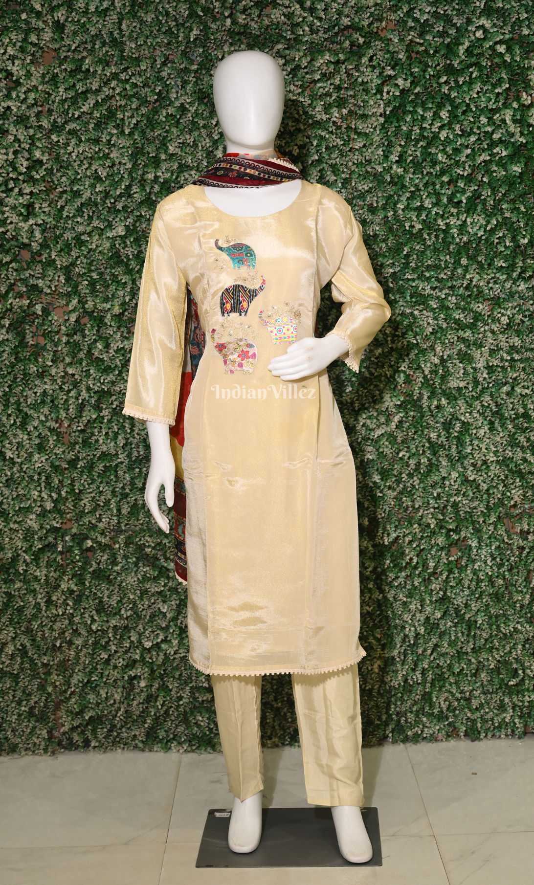 Beige Elephant Embroidered Salwar Set with Dupatta
