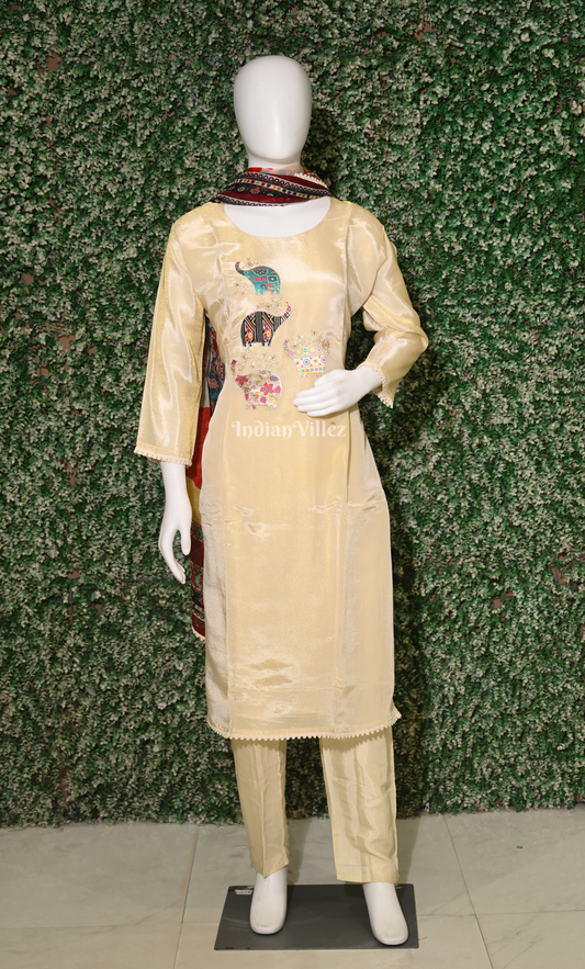 Beige Elephant Embroidered  Kurta Pant with Dupatta Set 