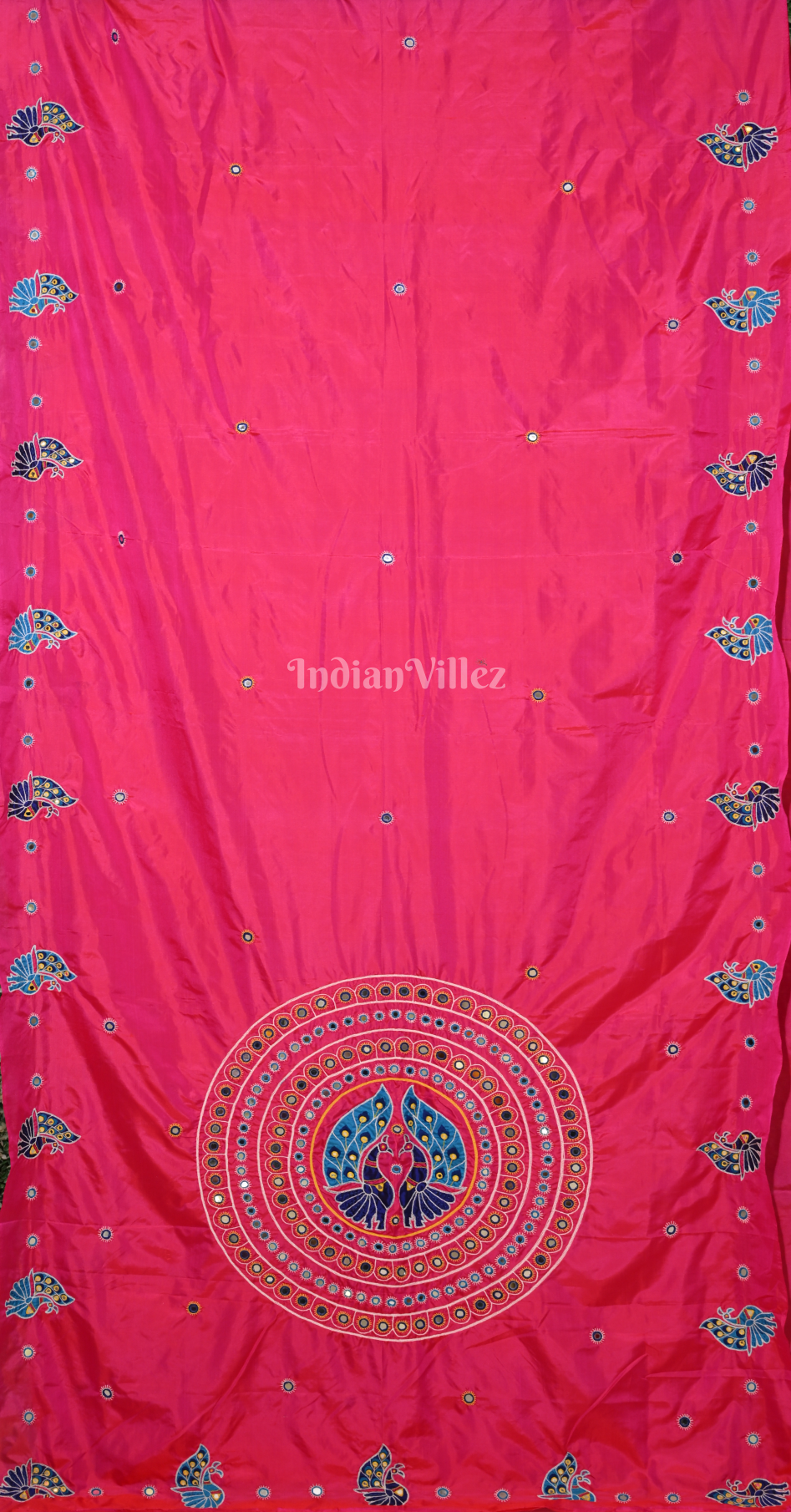 Rani Pink Blue Applique Work Hand Embroidered Saree 