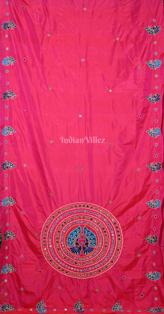 Rani Pink Blue Applique Work Hand Embroidered Saree 