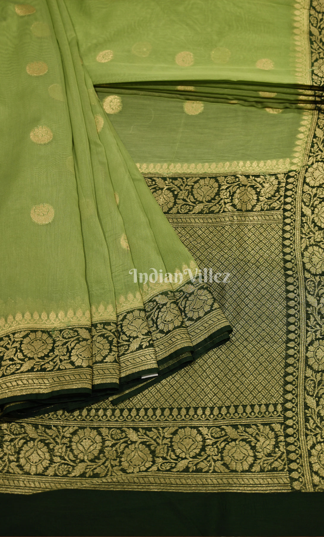 Parrot Green Black Pure Monga Muslin Banarasi Silk Saree