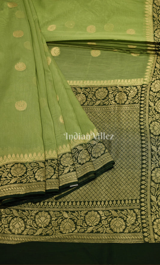 Parrot Green Black Pure Monga Muslin Banarasi Silk Saree