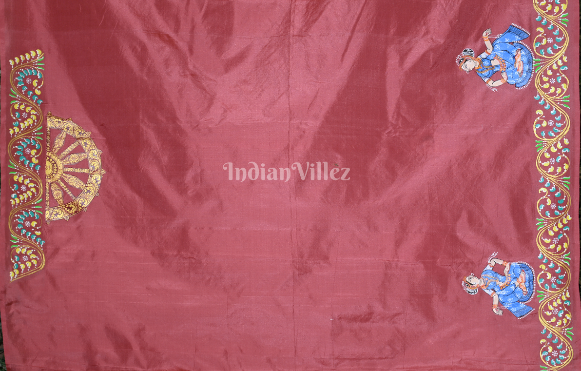 Maroon Peach Nartaki Konark Temple Hand-Painted Pattachitra Saree