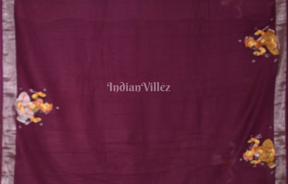 Purple Maroon Nartaki Theme Hand-Painted Pattachitra Saree