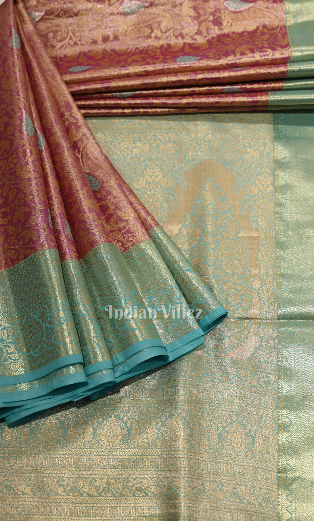 Magenta Pink with Aqua Blue Brocade Pure Kanjivaram Tissue Silk Saree 