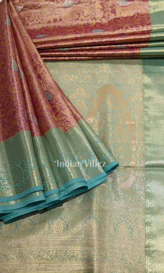 Magenta Pink with Aqua Blue Brocade Pure Kanjivaram Tissue Silk Saree 