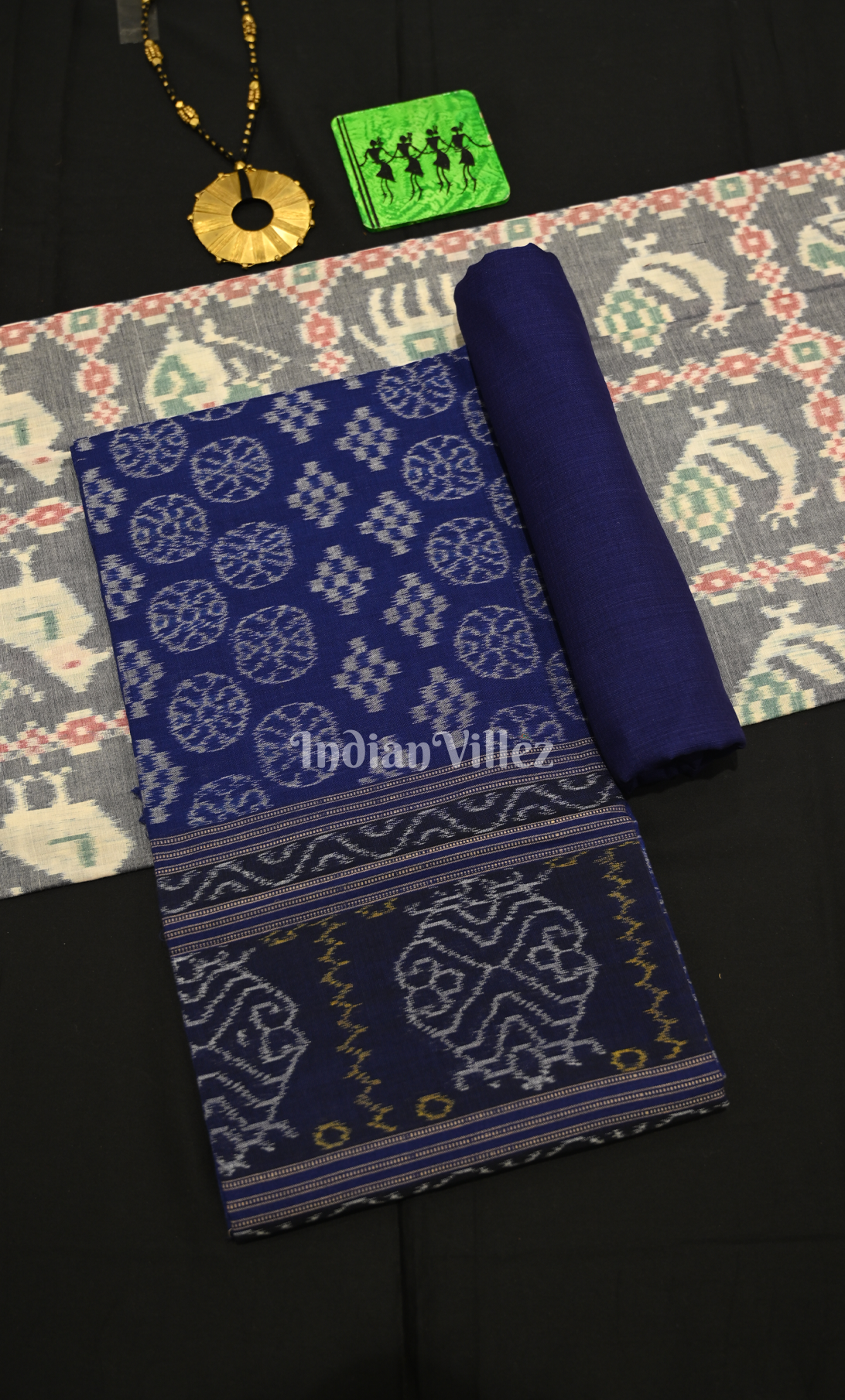 Grey Blue Jungle Theme Odisha Ikat Sambalpuri Dress Set & Dupatta 