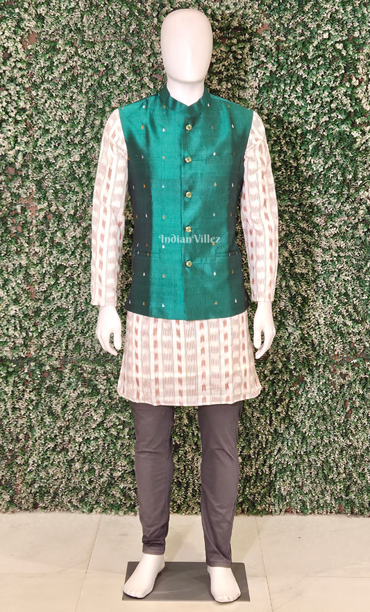 Green Buti Design Odisha Ikat Half Bandi Jacket for Men 