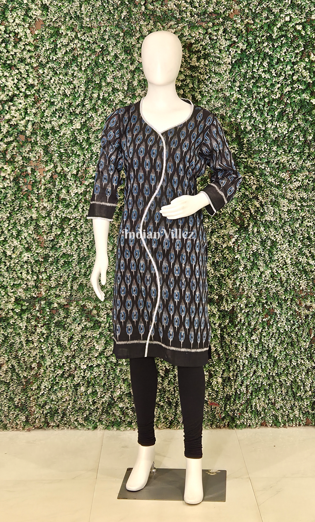 Blue Black Mor Pankh Motif Odisha Ikat Designer Cotton Kurti for Women 