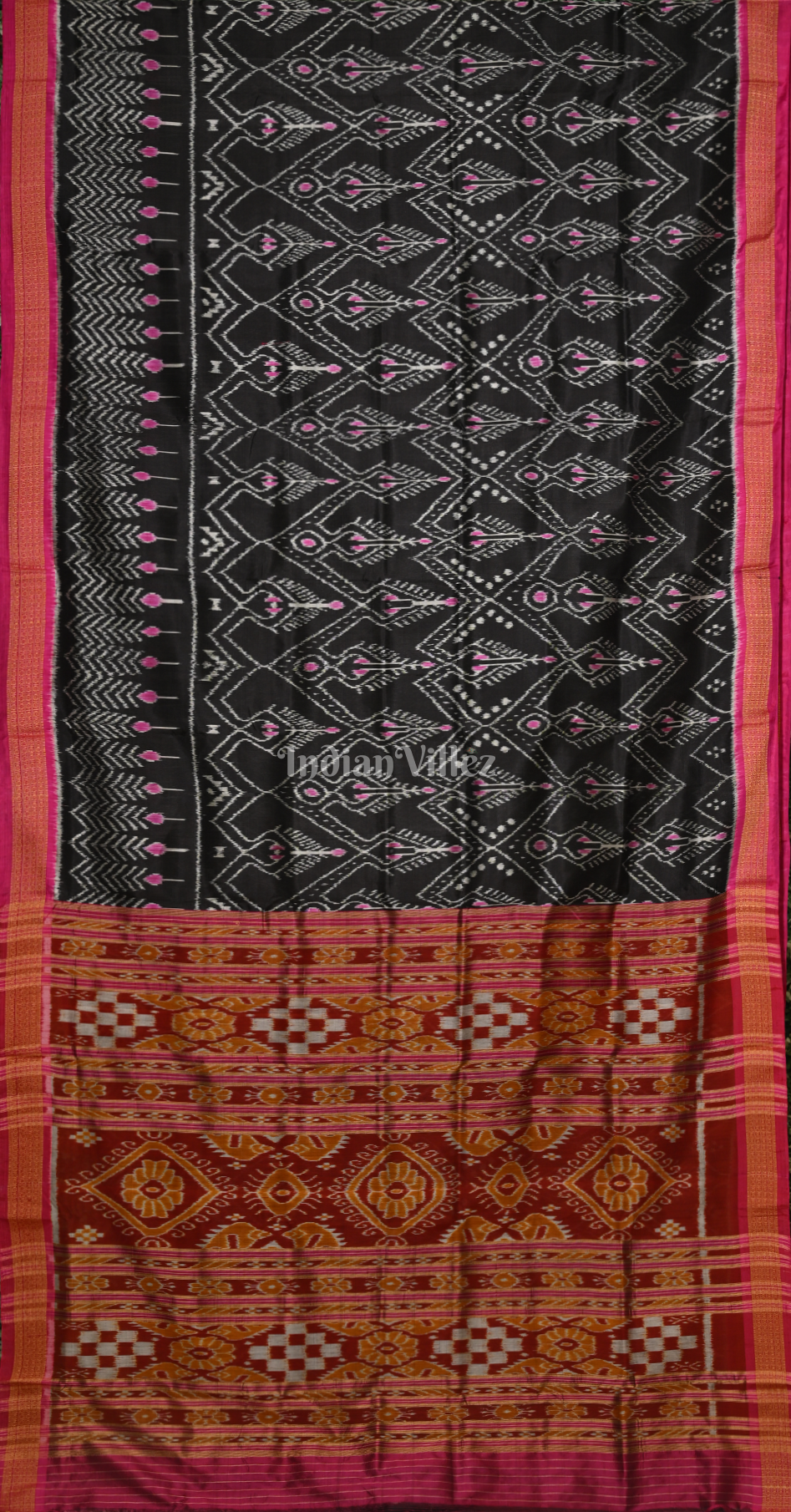 Black Magenta Pink Cambodian Inspired Odisha Ikat Khandua Silk Saree 