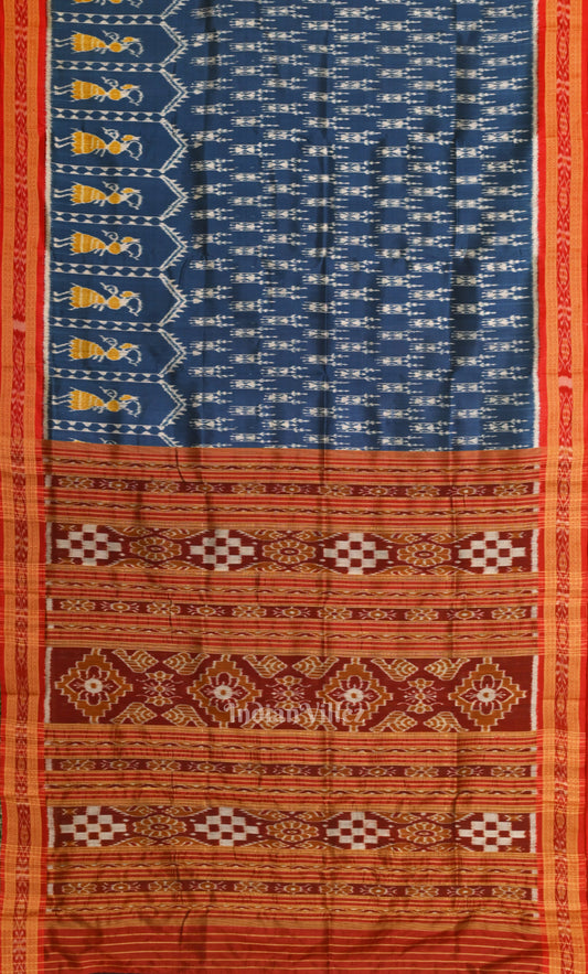 Light Blue Red Tribal Theme Odisha Ikat Khandua Silk Saree 
