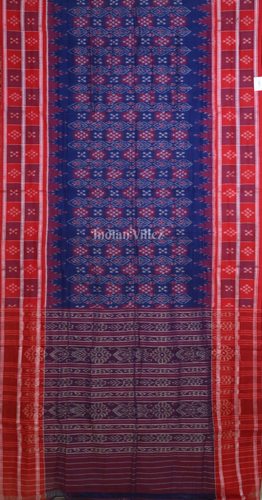 Blue Red Pasapali Odisha Ikat Sambalpuri Cotton Saree with Double Pasapali Border