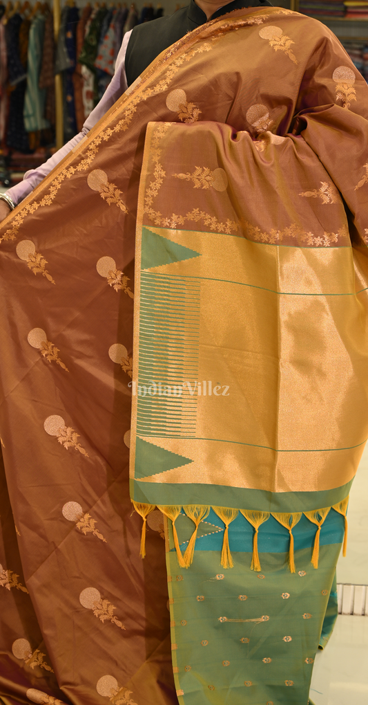 Rust Brown Designer Two Tone Silk Saree With Zari Work