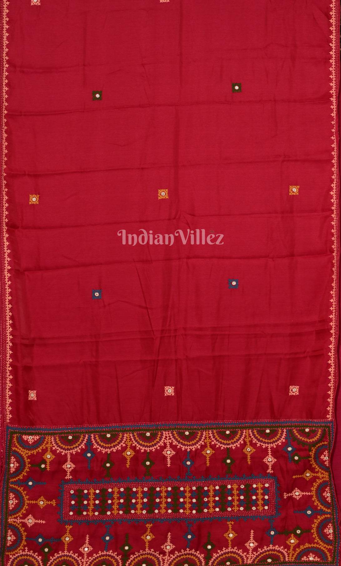 Red Thread Work Hand Embroidery Kutch Work Silk Saree