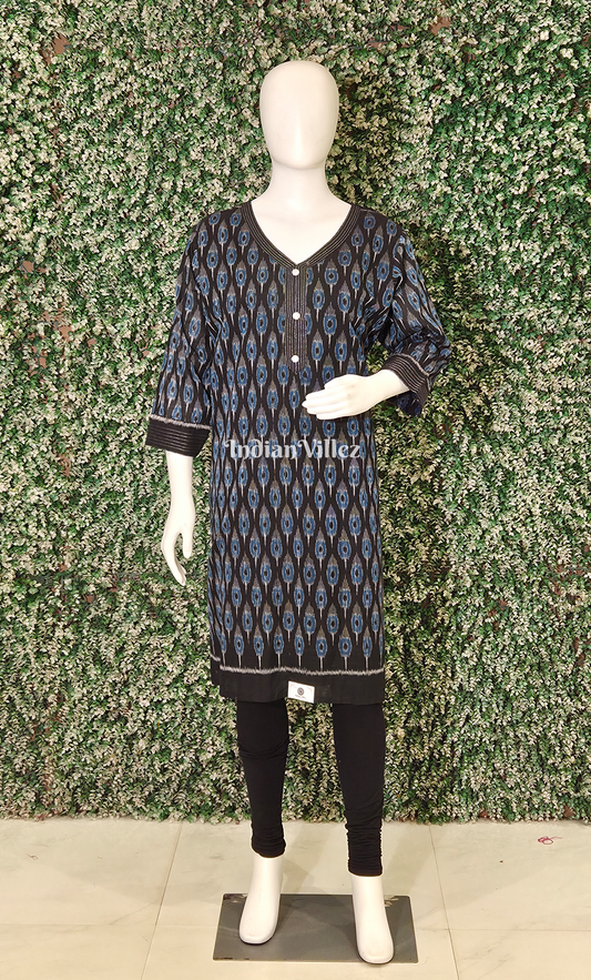 Blue Black Mor Pankh Motif Odisha Ikat Designer Cotton Kurti for Women