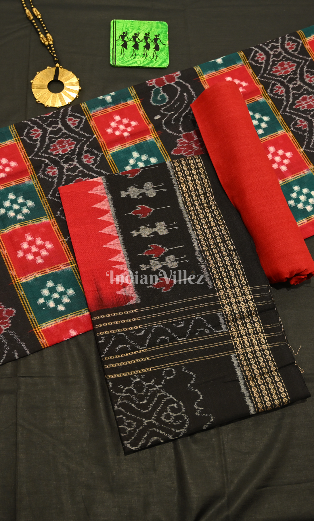 Red Green Pasapali Odisha Ikat Sambalpuri Dress Set & Dupatta 