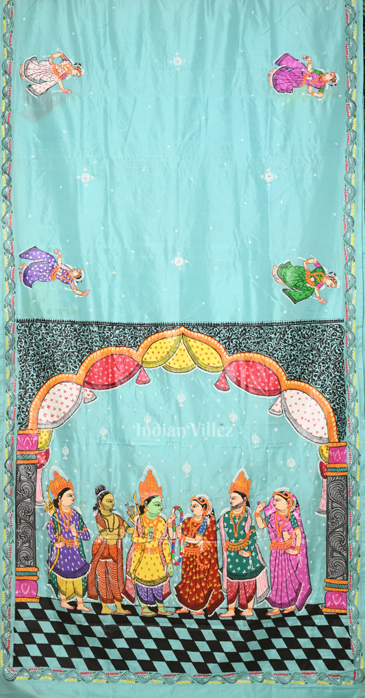 Sky Blue Ramayan Theme Hand-Painted Pattachitra Saree