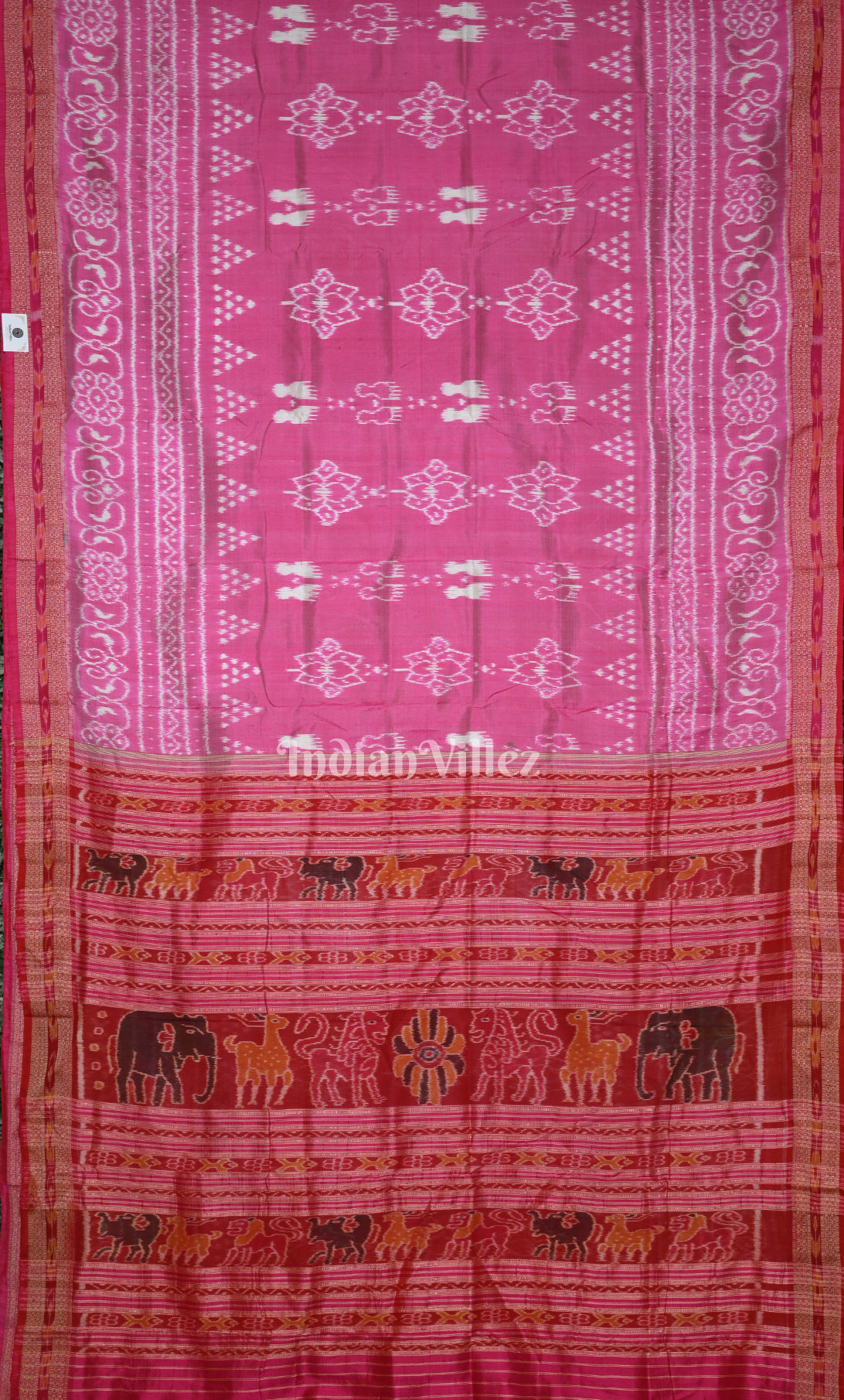 Pink Red Laxmi Pada Jhoti Theme Odisha Ikat Khandua Silk Saree 