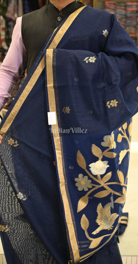 Blue Linen Cotton Saree with Gold Zari Floral Pallu