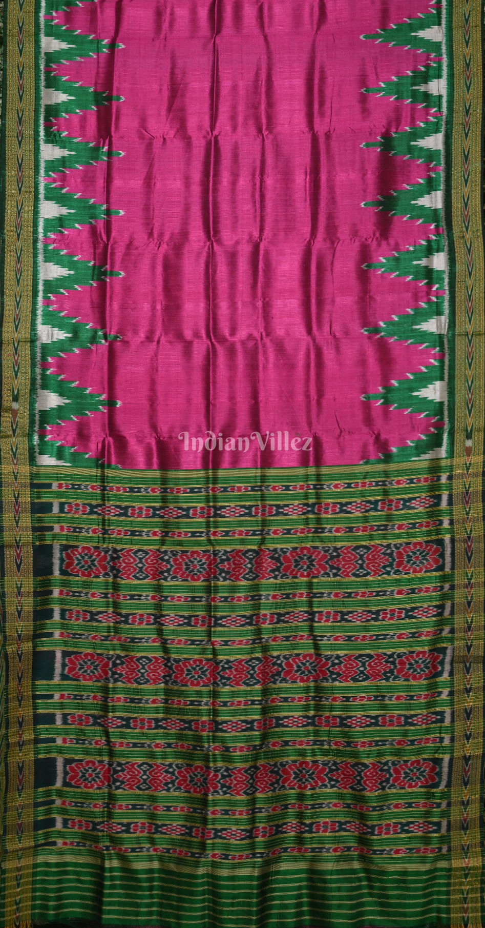 Magenta Pink Green Big Kumbha Odisha Ikat Khandua Silk Sare