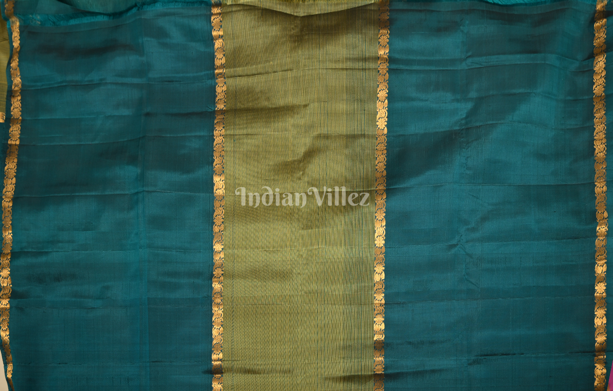 Peacock Blue Mehendi Green Zari Pure Kanjivaram Soft Silk Saree