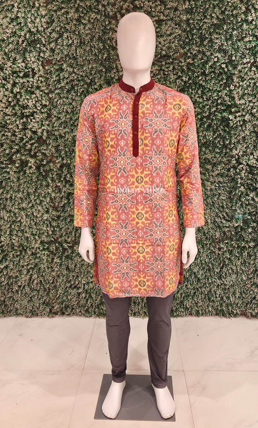 Orange Yellow Floral Motif Odisha Ikat Cotton Kurta for Men 