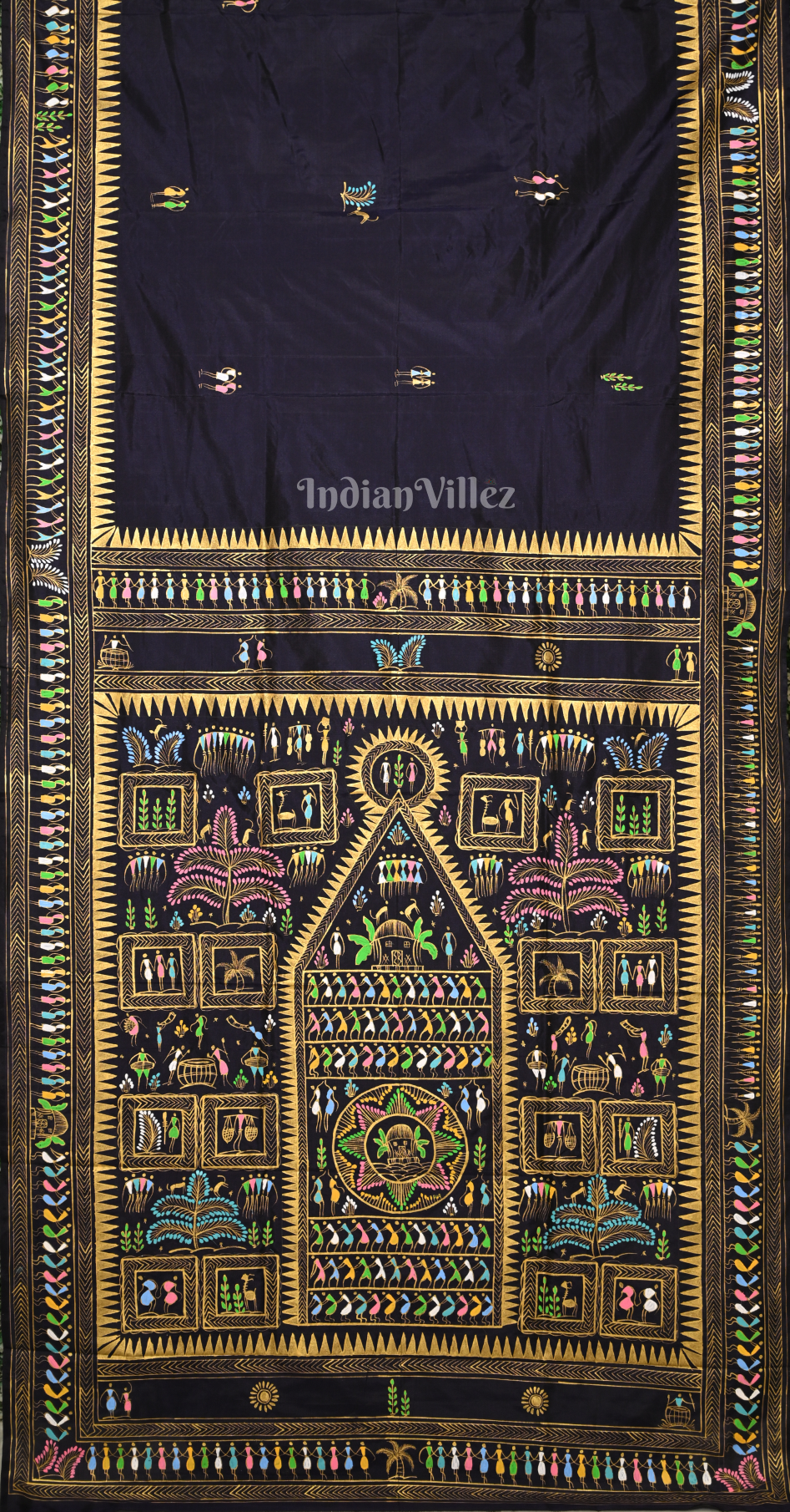 Navy Blue Saura Tribal Art Hand-Painted Pattachitra Saree(Pre Order)
