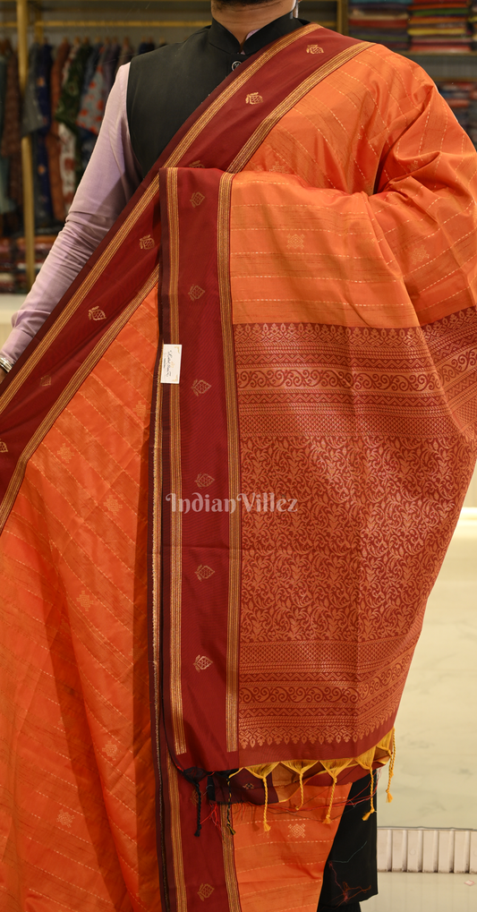 Orange Maroon Tussar Silk Saree with Zari weave
