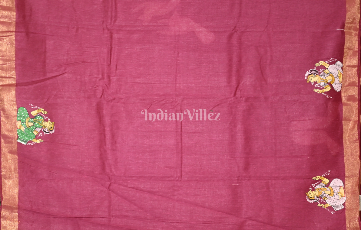 Magenta Pink Nartaki Mudra Theme Hand-Painted  Pattachitra Saree 