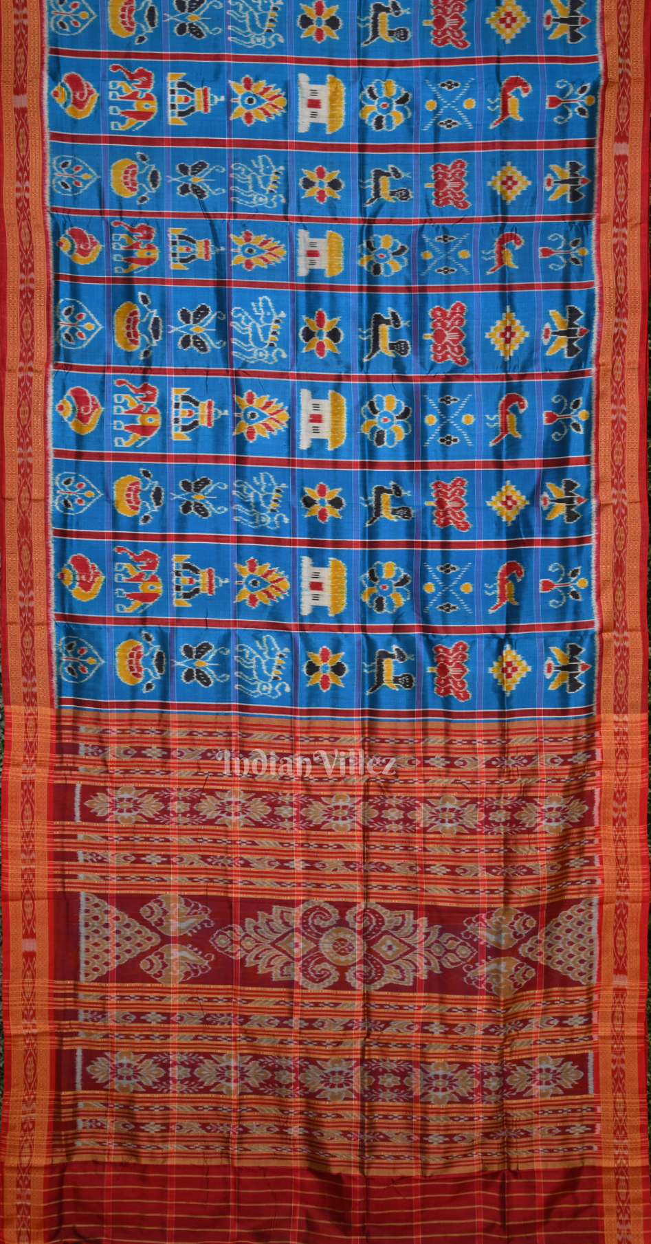 Ocean Blue Maroon Nabakothi Odisha Ikat Khandua Silk Saree 