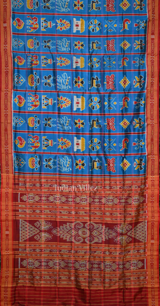 Ocean Blue Maroon Nabakothi Odisha Ikat Khandua Silk Saree 