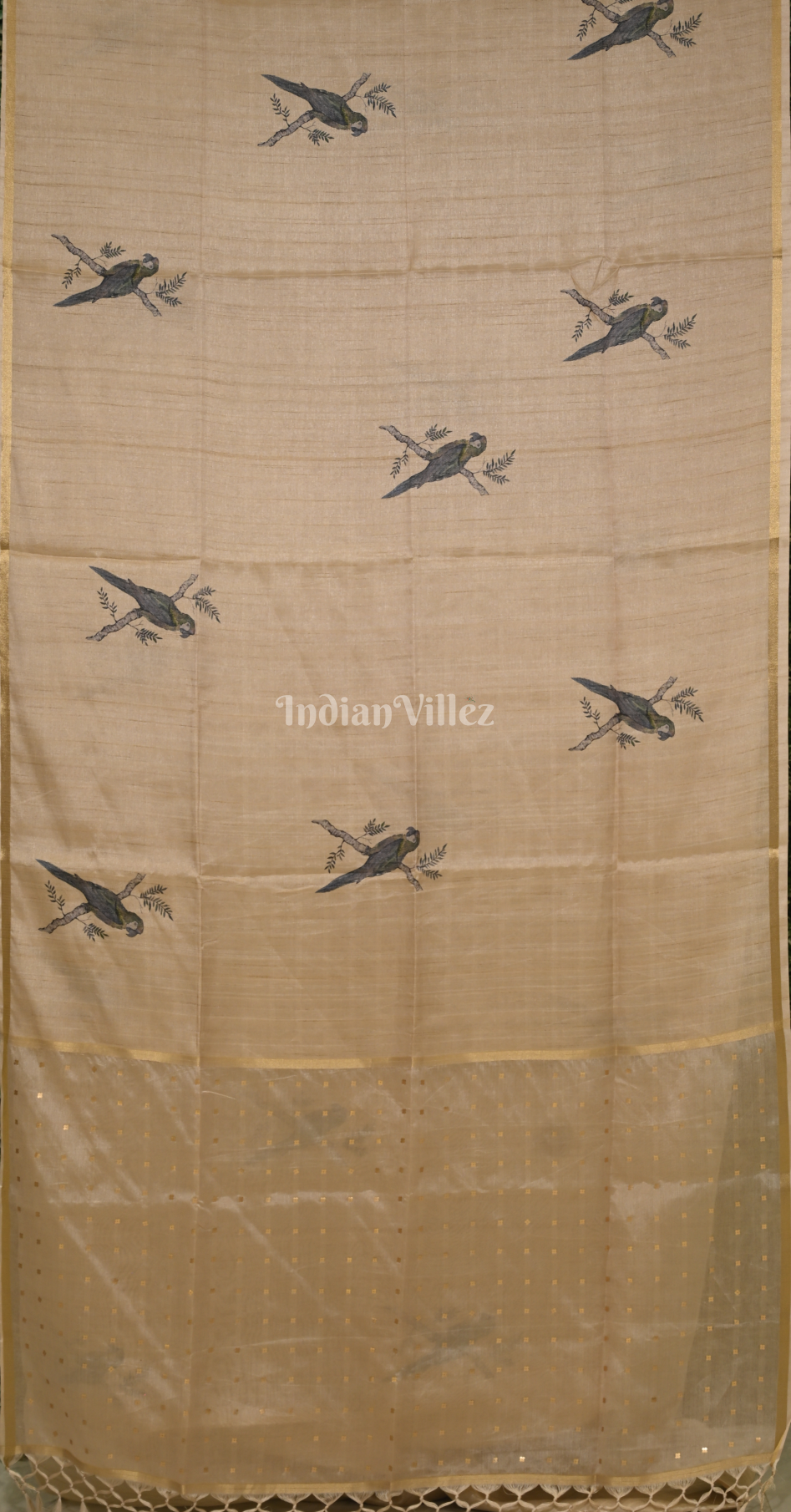  Beige Blue Bird Motif Tussar Silk Saree