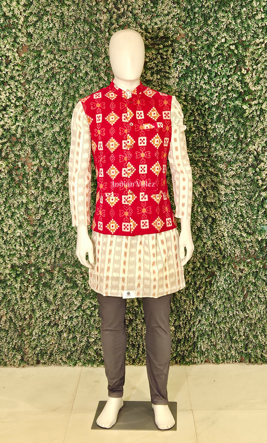 Red Pasapali Odisha Ikat Half Bandi Jacket for Men 