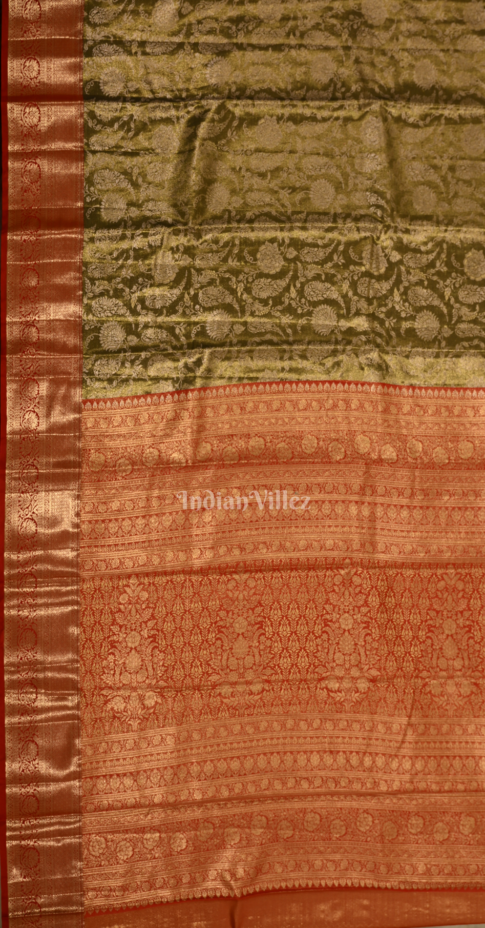 Moss Green Red Paisley Floral Pure Kanjivaram Tissue Silk Saree