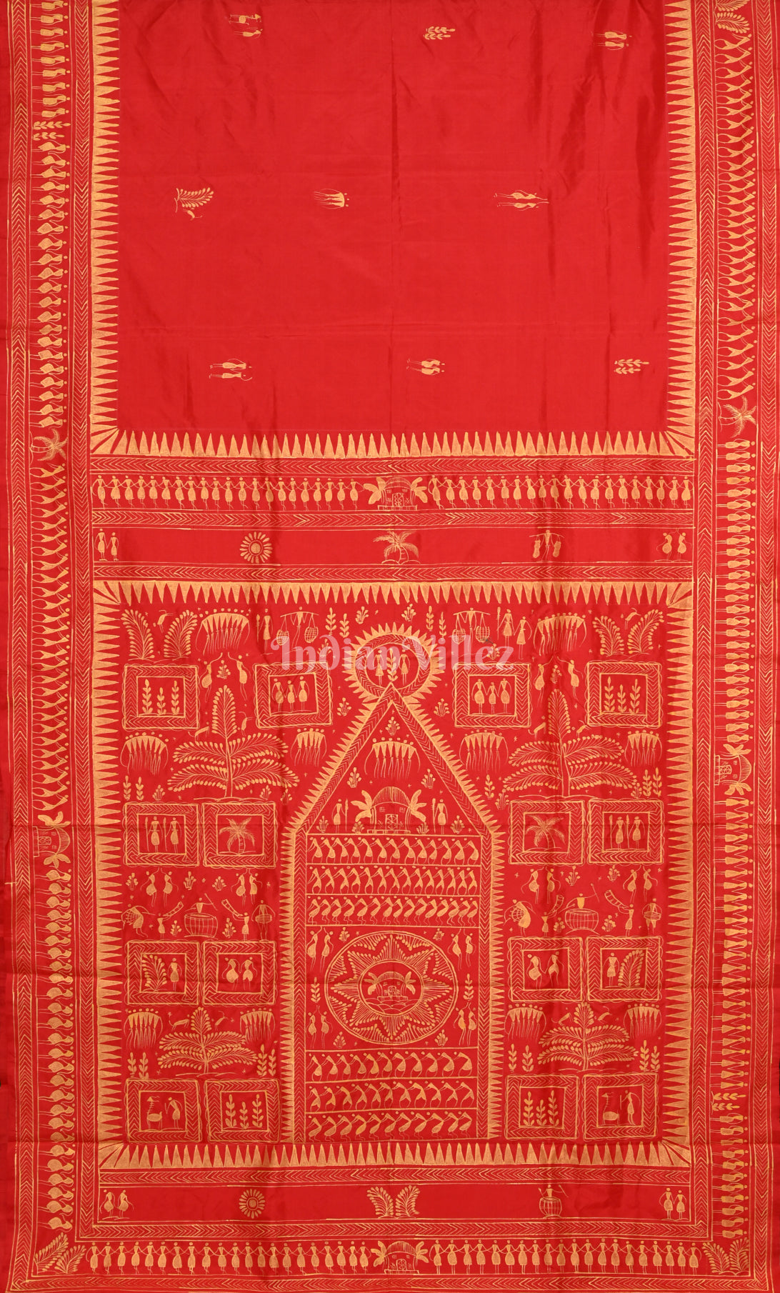 Red  Saura Tribal Art  Hand-Painted Pattachitra Silk Saree 