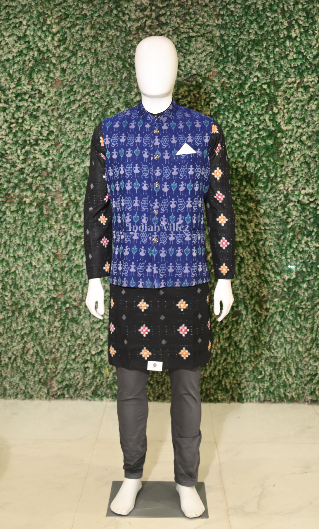 Royal Blue Tribal Design Odisha Ikat Half Bandi Jacket for Men 