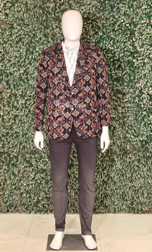 Black Maroon Bird Motif Odisha Ikat Men's Designer Blazer 