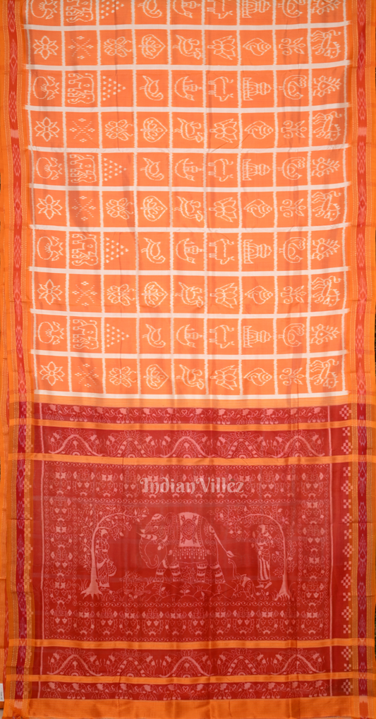 Orange Red Nabakothi Odisha Ikat Khandua Silk Saree with Elephant Anchal