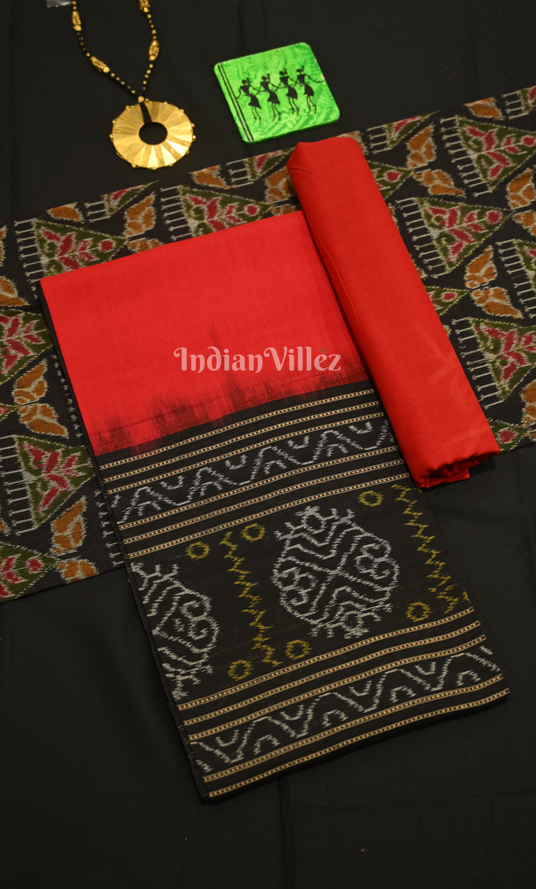 Black Red  Tribal Design Odisha Ikat Sambalpuri Dress Set & Dupatta 