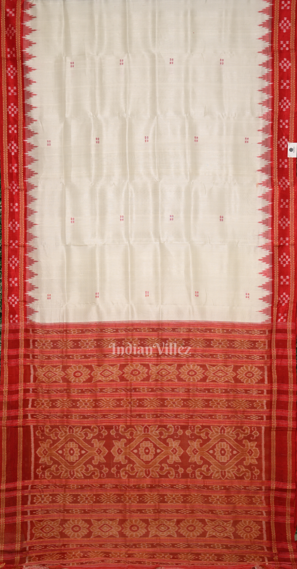 White Red Buti Design Pasapali Border Odisha Ikat Khandua Silk Saree 