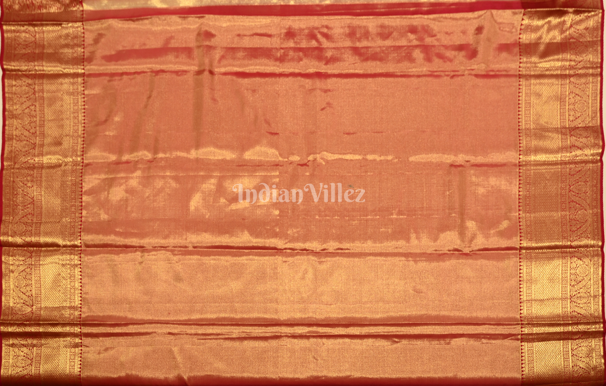 Golden Red  Floral Brocade Pure Kanjivaram Tissue Silk Saree 